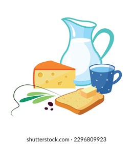 Milk Jug, Cheese and Bread Slice with Butter Slab as Tasty Breakfast or Brunch with Typical Food Vector Illustration