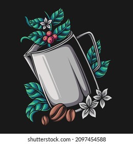 Milk jug with coffee beans and leaves