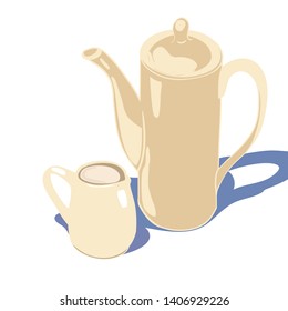 Milk jug with cream for morning coffee, large coffee pot, brightly lit by the sun, part of the coffee set, vector illustration, for cafes and restaurants