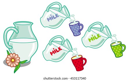 Milk jug with cups. Vector clip art.