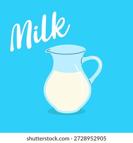 Milchkrug im flachen Stil auf blauem Hintergrund. Cartoon Milchkrug