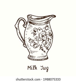 Milk jug with floral decor. Ink black and white drawing outline illustration