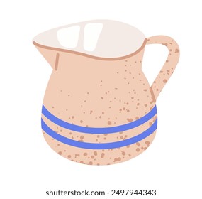 Milk jug. Fresh milk dairy product in ceramic jar, porcelain pitcher full milk flat vector illustration. Kitchen milk decanter on white background