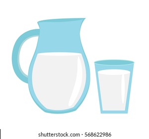 Milk in jug of glass, glass with milk icon flat style. Isolated on white background. Vector illustration