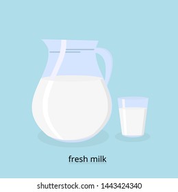 Milk jug and glass of milk isolated on blue background vector illustration. beautiful flat icon.