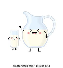 Milk jug and glass vector characters isolated on white background.  Kawaii milk