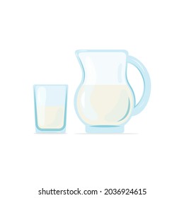 Milk in a jug and glass, vector illustration in flat style.