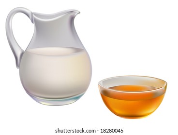 Milk in jug and honey in cup