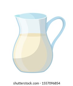 Milk jug pitcher flat vector illustration. Full jar with handle, glass container with fresh drink. Natural product, organic dairy. Cooking ingredient, healthy beverage isolated on white background
