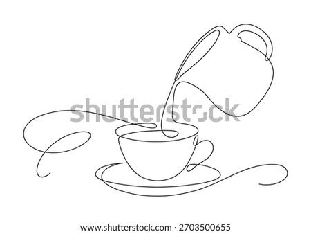 Milk jug pouring milk into cup of coffee, tea, or chocolate. Continuous line drawing.