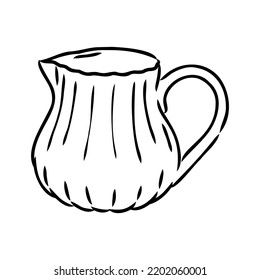 Milk jug silhouette. Creamer jug for serving with coffee or tea. Tradition of drinking coffee with milk. Tea time. Design element for cafes, food delivery sites and restaurants. Sketch, linear drawing