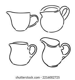 Milk jug silhouette. Creamer jug for serving with coffee or tea. Tradition of drinking coffee with milk. Tea time. Design element for cafes, food delivery sites and restaurants. Sketch, linear drawing