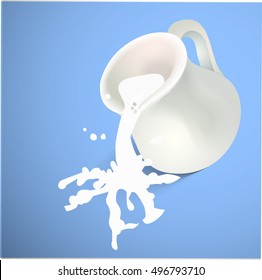 A milk jug with milk spalshes on blue background. Vector illustration