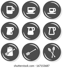milk jug sugar coffee time cafe drink related button set isolated on white background 