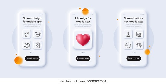 Milk jug, Update document and Plunger line icons pack. 3d phone mockups with heart. Glass smartphone screen. Atm, Clock, Technical algorithm web icon. Delivery box, Table lamp pictogram. Vector