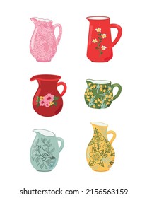 Milk jugs сollection. Decorative kitchen tools, colored tableware, ceramic drinkware or glassware. Household utensils, crockery isolated on white background. Flat cartoon vector illustration