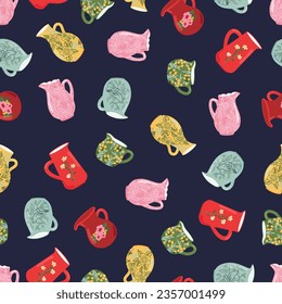 Milk jugs vector seamless pattern. Decorative kitchen tools, colored tableware, ceramic drinkware glassware texture