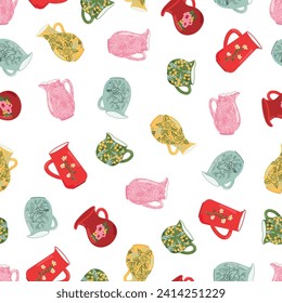 Milk jugs vector seamless pattern. Decorative kitchen tools, colored tableware, ceramic drinkware glassware texture