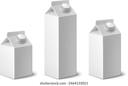 Milk or juice carton 3d white blank pack mockup. Isolated drink package template in vector. Empty realistic beverage bottle packet for presentation and marketing. Cardboard container side and front