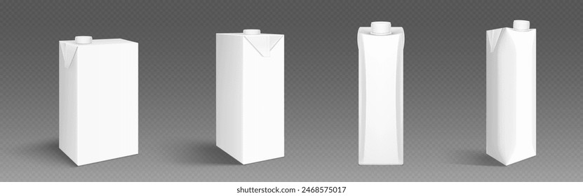 Milk or juice carton 3d white blank pack mockup. Isolated drink package template in vector. Empty realistic beverage bottle packet for presentation and marketing. Cardboard container side and front