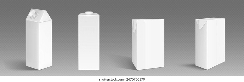 Leche o jugo de cartón 3d blanco blanco paquete de maqueta. Plantilla aislada del paquete de la bebida en Vector. Vacíe el paquete de la botella de la bebida realista para la presentación y la comercialización. Lateral y frontal del envase de cartón