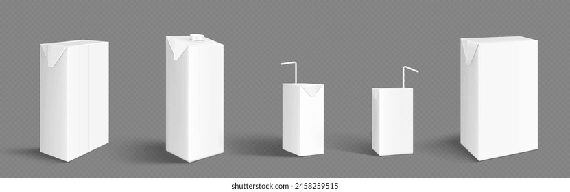 Caja de cartón de leche o jugo mockups conjunto aislado sobre fondo transparente. Vector ilustración realista de paquetes de cartón con paja de plástico para bebidas, espacio en blanco para la marca, paquete de bebidas