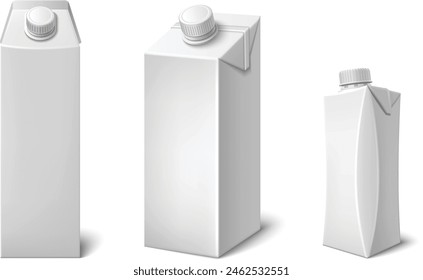 Caja de cartón de leche o jugo mockups conjunto aislado sobre fondo blanco. Ilustración realista del Vector del paquete de papel para las bebidas con la superficie en blanco para la marca, envases grandes y Pequeños con tapas plásticas