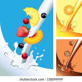Milk, juice, chocolate splashes with fruits vector set