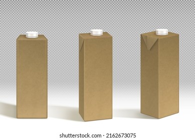 Mockup de papel de la mochila de la leche o del jugo, caja de cartón ecológico marrón. Frasco en blanco con tapa de tornillo delantera, ángulo y vista lateral. Contenedor para producción líquida, alimentos, bebidas, aislado vector 3d realista