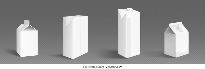 Caja de leche o zumo con tapón. Conjunto de maqueta de Vector 3d realista de paquete de cartón blanco en blanco con tapa para bebida. Recipiente de cartón vacío para producto líquido. Plantilla de paquete de comestibles.