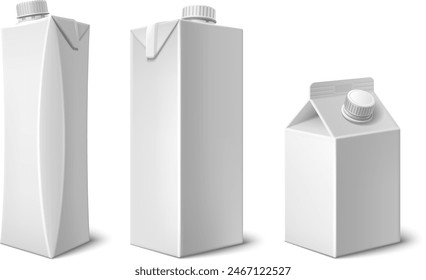 Caja de leche o zumo con tapón. Conjunto de maqueta de Vector 3d realista de paquete de cartón blanco en blanco con tapa para bebida. Recipiente de cartón vacío para producto líquido. Plantilla de paquete de comestibles.