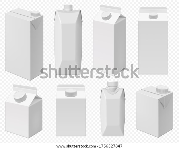 Milk and juice pack. Realistic\
carton package isolated, white box template for dairy product.\
Blank packaging for milk or juice on transparent\
background.