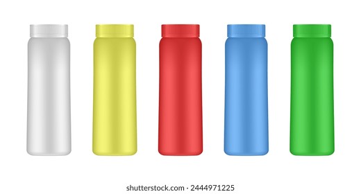 Milk, juice or shampoo bottles.  Set of plastic bottle mockup. Food, cosmetic or detergent container. 3d vector. White, yellow, red , blue and green