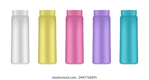 Milk, juice or shampoo bottles. Set of plastic bottle mockup. Food, cosmetic or detergent container. 3d vector. White, yellow, pink , blue and violet