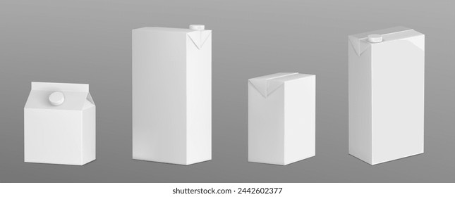 Milk or juice tetra pack mockup. Realistic 3d vector illustration set of white blank paper package. Empty carton box with plastic lid for drink storage. Template of cardboard container for beverage.