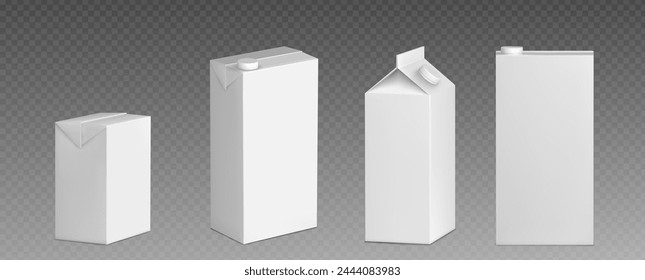 Milk or juice tetra pack mockup. Realistic 3d vector illustration set of white blank paper package. Empty carton box with plastic lid for drink storage. Template of cardboard container for beverage.