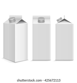 Milk And Juice White Carton Package Box In Different Points Of View. Object Package Product Milk, Carton Box Package Juice Blank Illustration Vector Template