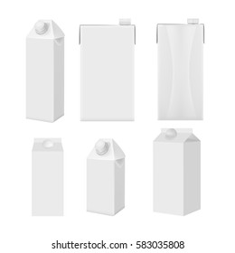 Milk and juice white carton package boxes set in different points of view. Object package product milk, carton box package juice blank illustration vector template collection