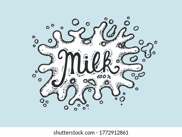 Milk label. Blot or drop. Vintage logo for shop. Badge for t-shirts. Hand Drawn engrave sketch. Vector illustration.