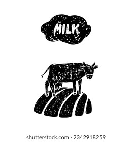Milk label with a cow. Vector hand drawn illustration.