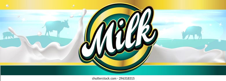 milk label design banner with milk splash, landscape and cow - vector