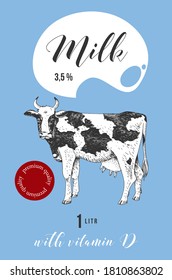 Milk label design with hand drawn cow. Vector illustration in retro style
