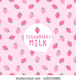 Milk label and  fresh strawberry pattern  Pink fruit background. 