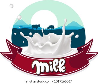 milk label hand written text with cow silhouette - vector illustration design