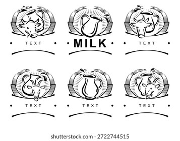 Etiqueta de leche y conjunto de iconos. Iconos de colección. Vector