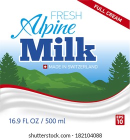 Milk label with mountains in background and milk wave