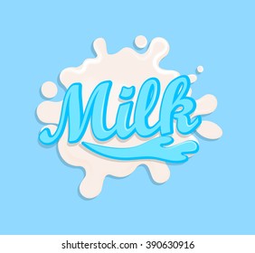 Milk label splash. Blot and lettering on blue background. Splash and blot design, shape creative vector illustration.