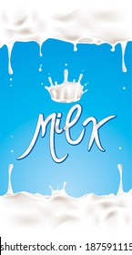 Milk label with splash. Vector illustration.