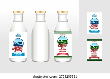 milk label sticker design template vector with bottles 3d design