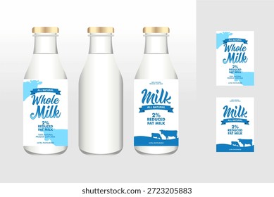 Vector de la Plantilla del diseño de la etiqueta engomada de la leche con diseño 3D de las botellas